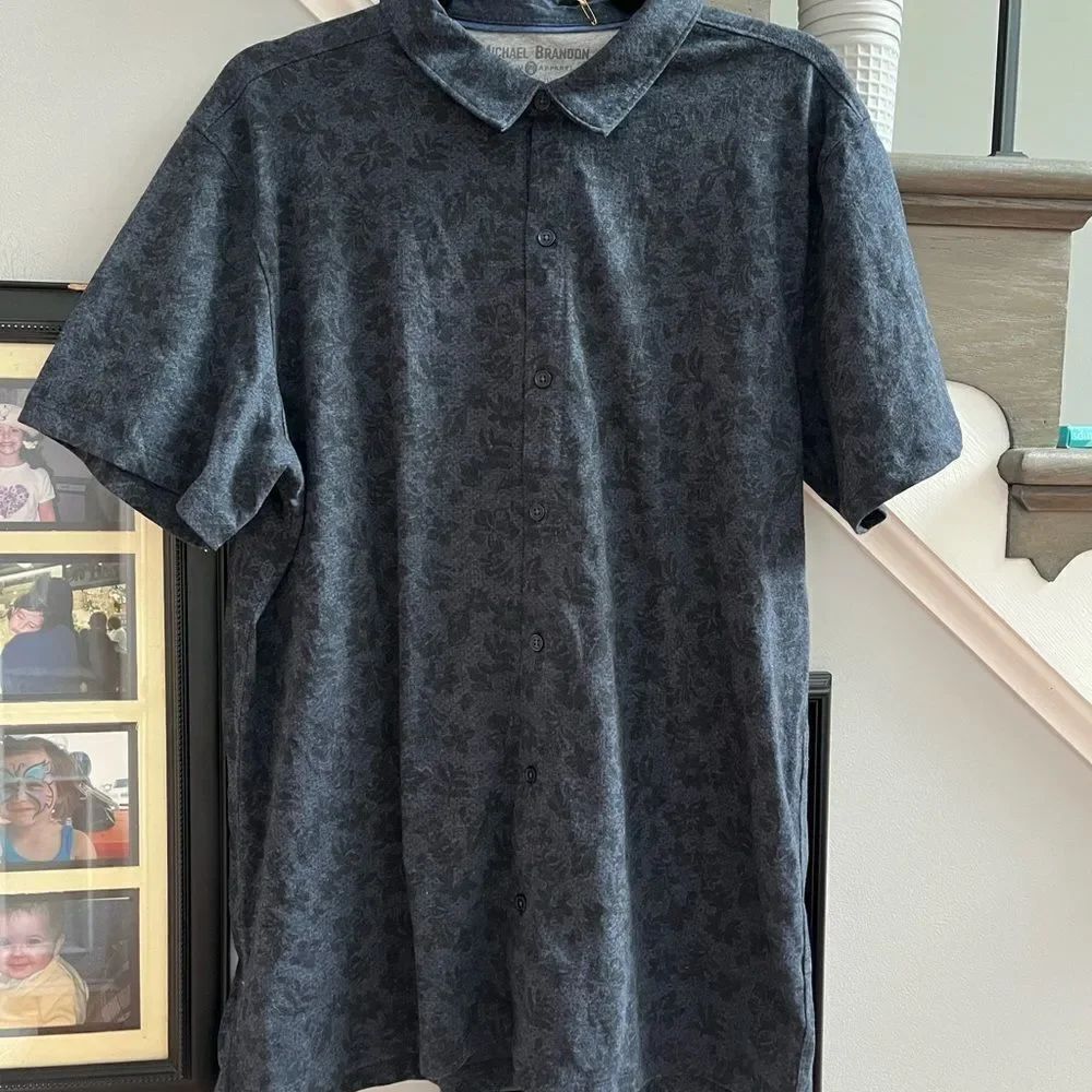 Michael Brandon Blue & Black Print Soft Button Down Polo Shirt sz L NWT